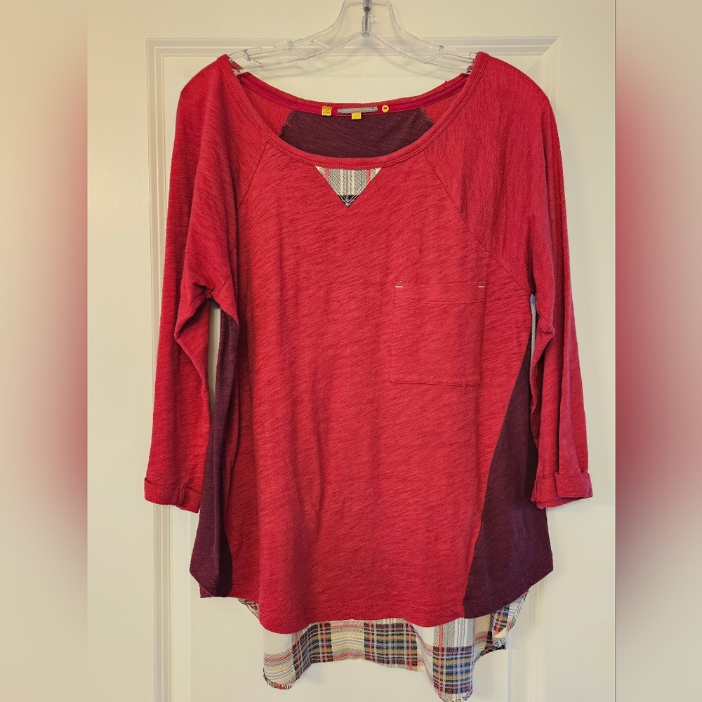 Anthro Little Yellow Button red top